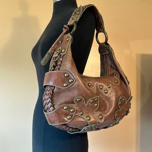 Isabella Fiore Large Brown Leather Hobo with Brass Hardware